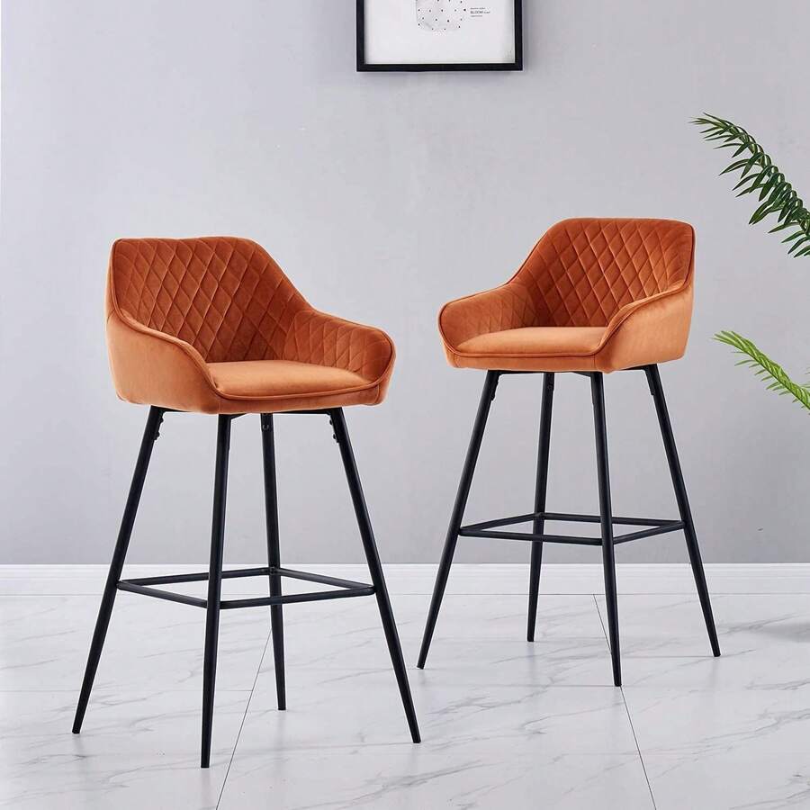 JYMTOM Bar Stool Counter Stool Bistro Stool 2/4 Set Velvet Upholstered Bar Chairs With Armrest, Fashionable Stool With Black Metal Legs For Kitchen, Bistro And Counter - Orange - View 1