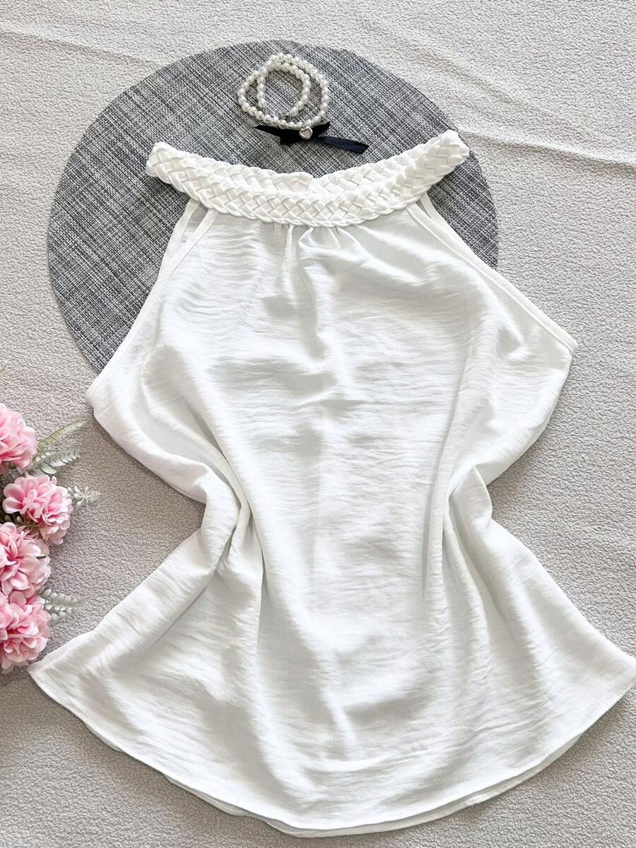 Women's Social Tank Top With Braid On The Collar/Button On The Back - trắng - Xem 1
