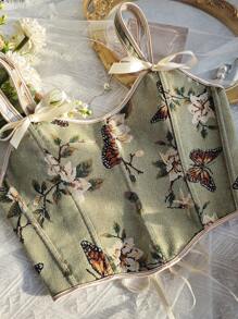 1pc Floral Print Fashionable Cami Backless Butterfly Lace-Up Cropped Corset Top, Elegant Design