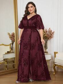Plus Size Burgundy V-Neck Long Dress With Ruffle Sleeves And Sequin Decor