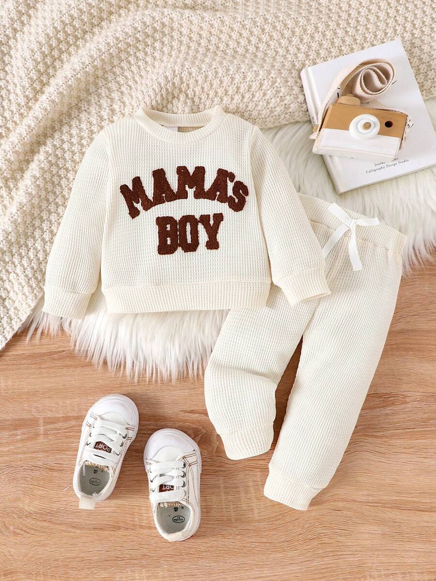 2pcs Baby Boys Casual Letter Print Waffle Knit Long Sleeve Sweatshirt Set, Thin Fabric, Spring/Autumn - Beige - View 1
