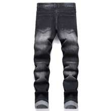 Pantalones vaqueros ajustados para hombres con roturas, pantalones vaqueros ajustados de motorista de moda con estiramiento, pantalones vaqueros de denim con diseño de moto - Negro - Ver 2