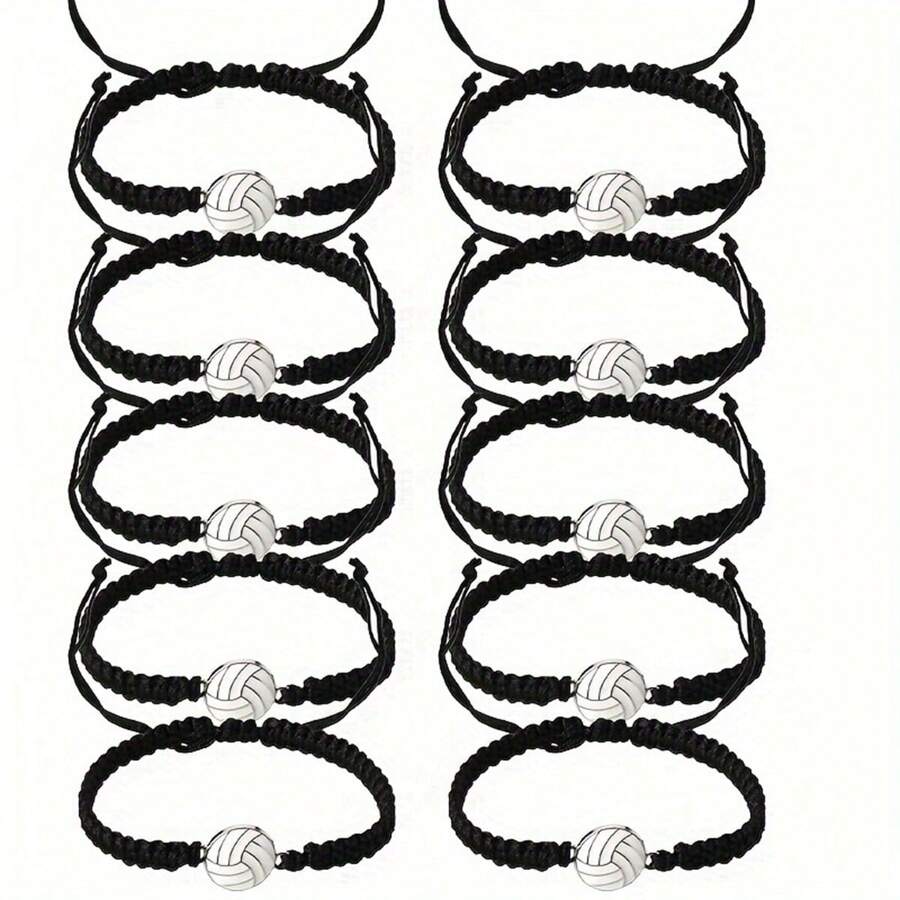10pcs/Set Sports Inspired Woven Volleyball Bracelets With Card, Team Competition Accessories, Gift For Sports Enthusiasts - Black - View 1