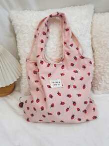 1 件女士大容量灯芯绒手提包，草莓全印花，单肩包，通勤包，储物袋