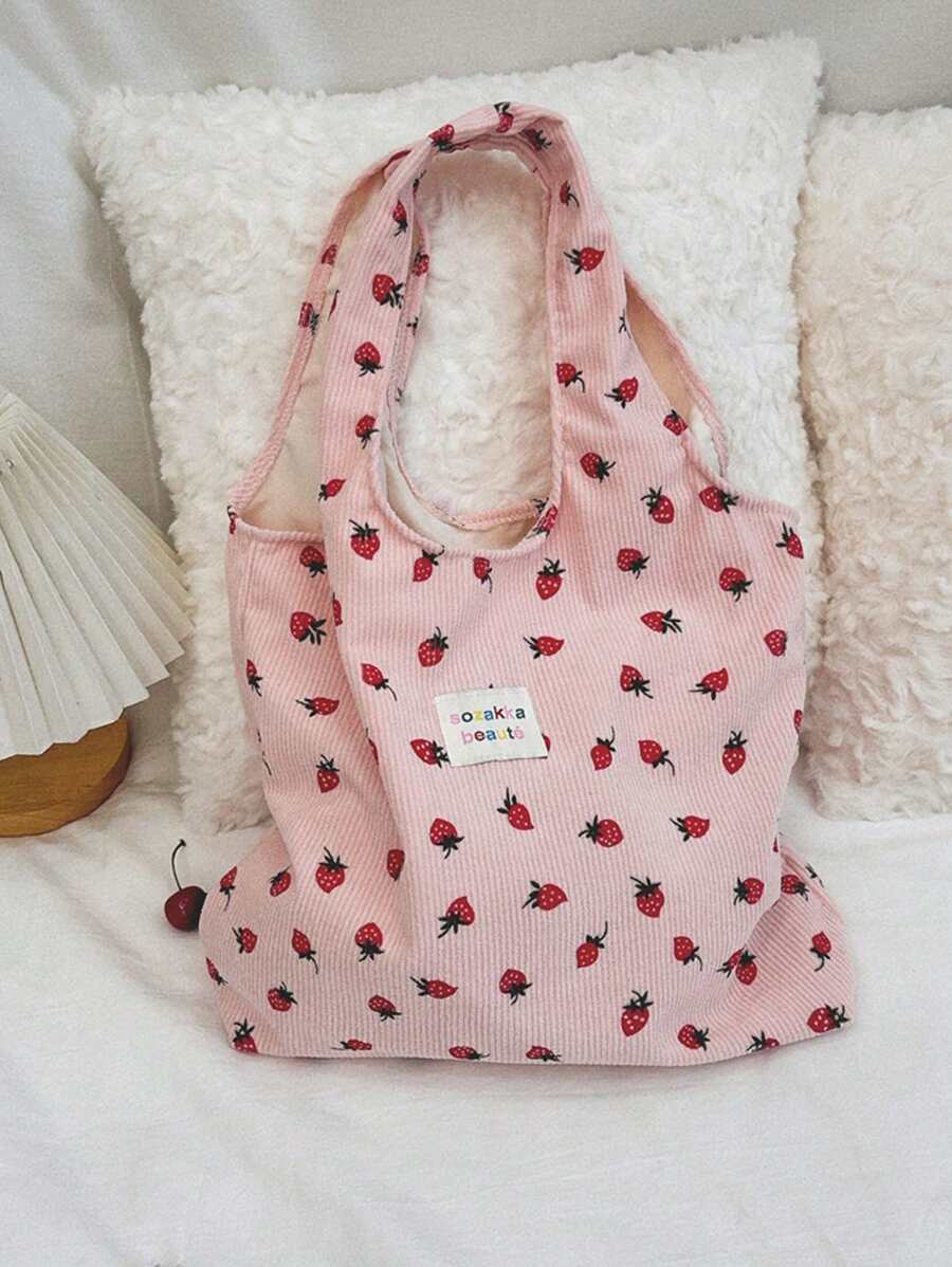 1 件女士大容量灯芯绒手提包，草莓全印花，单肩包，通勤包，储物袋