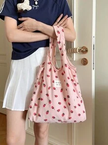 1 件女士大容量灯芯绒手提包，草莓全印花，单肩包，通勤包，储物袋