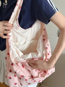 1 件女士大容量灯芯绒手提包，草莓全印花，单肩包，通勤包，储物袋