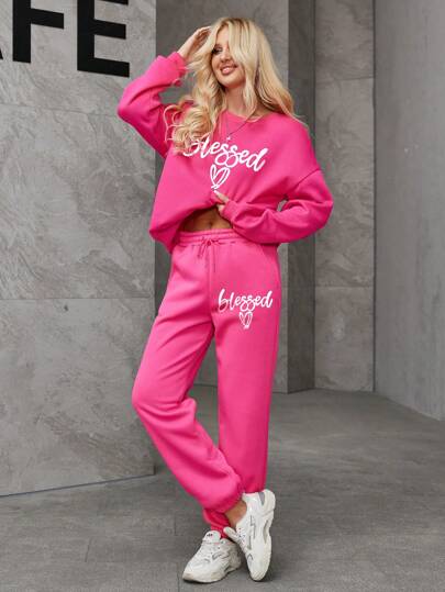 Two-Piece Women's Autumn And Winter Plus Fleece Casual Hoodie Set Two-Piece Sports Home Outing Print Autumn And Winter Warm Plus Fleece Hoodie Set Pink Home Outdoor Sports