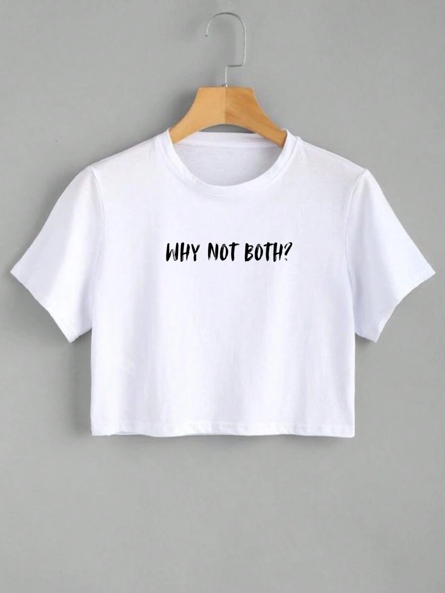Cropped Short T-Shirt Printed Why Not Both Lgbt Phrases Various Colors 100% Cotton - 白色 - 查看 1