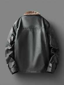 Men's Long Sleeve PU Leather Stand Collar Warm Lined Leather Jacket, Fashion Casual , Fall - Black - View 4