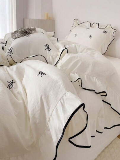 Joivida 3pcs Set: Ruffled Washed Fiber Duvet Cover & Pillow Sham, Butterfly Embroidery Bedding (Excluding Filling)