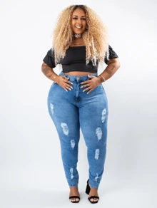 Calça Jeans  Plus Size Skinny Premium Clara Cintura Alta Empina Bumbum - Azul - Visão 2
