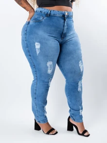 Calça Jeans  Plus Size Skinny Premium Clara Cintura Alta Empina Bumbum - Azul - Visão 4