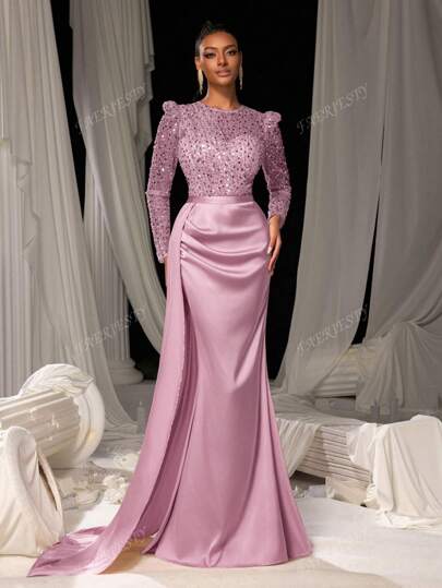 Faeriesty Elegant Sequin Mermaid Evening Gown With Floor-Length Satin Skirt | Luxurious Elegant Formal Design | Perfect For Weddings, Galas, Red-Carpet Events, And Formal Dinners​