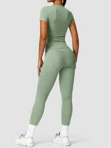 YEIFIN Set de chándal de 2/4 piezas con camiseta de cuello redondo y malla de cintura alta, camiseta deportiva cómoda y pantalones pitillo para yoga, gimnasio y entrenamiento, ropa deportiva de verano para vuelta al cole, chándales para mujer, conjunto de estilo urbano para primavera y verano