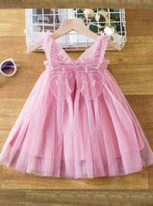 1 Peça Vestido de Princesa com Babados 3D, Alças de Tuliê, Decoração de Borboletas, Elegante e Doce para Meninas Jovens, Vestido de Festa, Presente de Aniversário, Uso em Festas, Férias e Comemorações, para Todas as Estações - Rosa chiclete - Visão 2