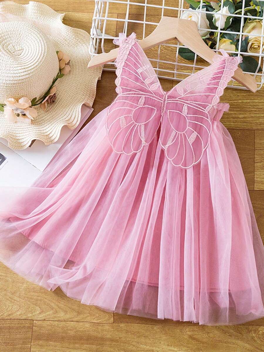 1 Peça Vestido de Princesa com Babados 3D, Alças de Tuliê, Decoração de Borboletas, Elegante e Doce para Meninas Jovens, Vestido de Festa, Presente de Aniversário, Uso em Festas, Férias e Comemorações, para Todas as Estações - Rosa chiclete - Visão 1