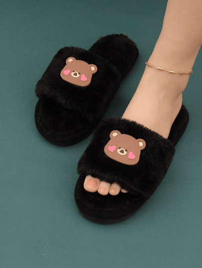 Zapatillas de dormitorio negras estilo preppy para mujer, zapatillas de felpa con diseño de oso de dibujos animados