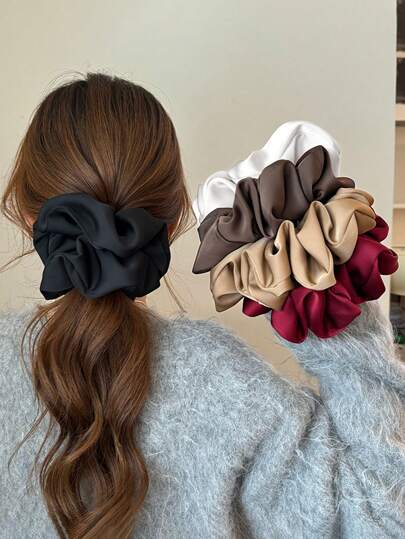 5pcs/1pc Women's 16cm/6.3in Extra Large Silky Satin Black, White, Red, Brown, Khaki Hair Scrunchies, Fashionable Versatile, Elegant Minimalist Solid Color Hair Ties, Suitable For Daily Casual, Commute, Vacation, Ponytail, Bun, Washing, Makeup, Outfit Matching Scrunchy Hair Ties