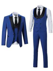 Furuyal 3-Piece Men's Suit Set Including Jacket, Pants, And Vest In Navy Blue, Gentleman's Business Style Slim Fit Suit For Wedding, Party, Travel, Work - Royal Blue - View 10