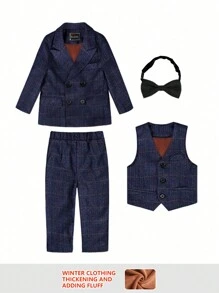 4pcs Set Young Boys Thicked Velvet Suit, Including Plaid Jacket + Vest + Pants + Bow Tie , Warm Winter Formal Outfit For Christmas, School Events, Party Etc. - Blue - View 10