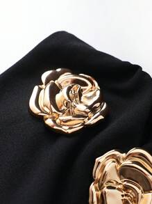 EARO Vintage French Style Women Casual Comfortable Daily Versatile Metal Flower Decor Pleated Front Slit A-Line Skirt, High Cinched Waist Elastic Waist Fashionable Loose OL Professional Bodycon Skirt, Spring Autumn - Black - View 6