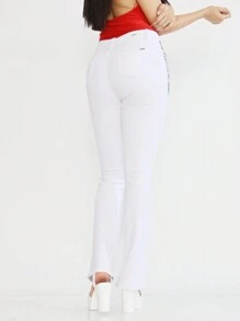 Pantalones Vaqueros Blancos con Cristales Brillantes, Jeans ajustados de mezclilla acampanados y de cintura alta para mujer, de campana, pantalones vaqueros acampanados, jeans de mujer y ropa vaquera, de estiramiento medio - Blanco - Ver 3