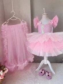 年轻女孩蝴蝶结亮片网眼拼布拖尾圣诞优雅派对礼服，公主裙适合女孩生日派对、婚礼、宴会、正式场合、花童婚纱、节日庆祝礼服 - 淺粉色 - 查看 5