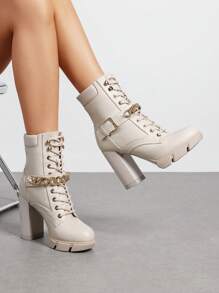 Women's Ankle Boots Lace Up Platform Boots Chunky Heel Knight-Style Boots Chain Decoration Metallic Buckle Punk-Inspired Ankle Boots With Non-Slip Lug Sole - Màu be - Xem 1