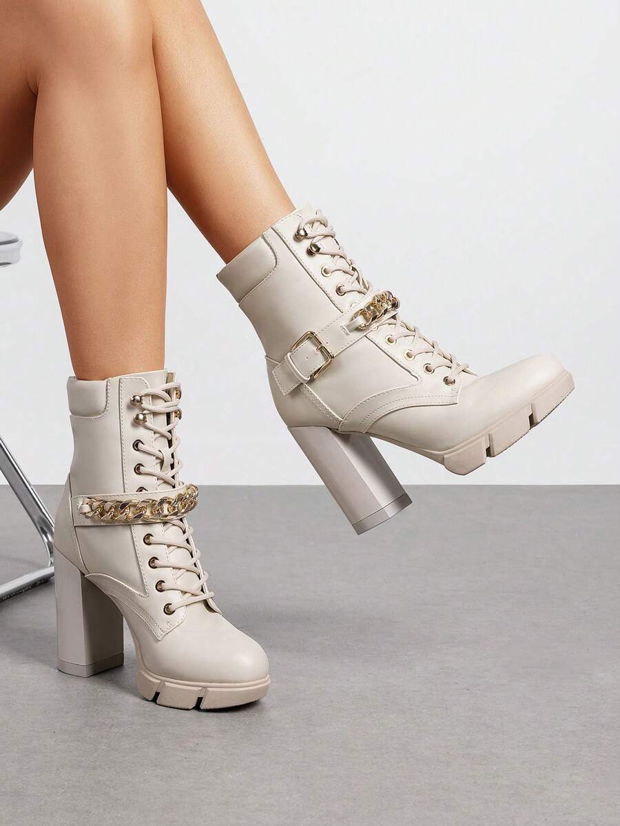 Women's Ankle Boots Lace Up Platform Boots Chunky Heel Knight-Style Boots Chain Decoration Metallic Buckle Punk-Inspired Ankle Boots With Non-Slip Lug Sole - Màu be - Xem 1