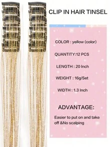 12 Pieces Clip-In Medium Straight Hair Synthetic Hair Clips, Fashion Party Girls Blonde Hair Silk Hair Clips, Colorful Glitter Hair Clips, Dazzling Hair Accessories For Holiday Gift Party With Family And Friends Christmas Gifts