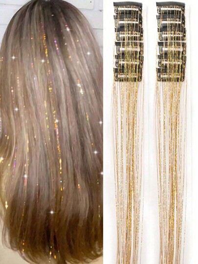 12 Stücke Clip-In mittellanges glattes synthetisches Haar Clips, modische Party Mädchen blonde Seiden Haar Clips, bunte glitzernde Haar Clips, glänzende Haaraccessoires als Geschenk für Feiertage mit Familie und Freunden, Weihnachtsgeschenke