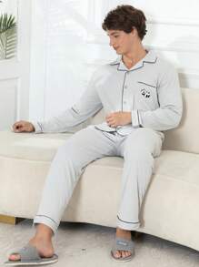 QIANNIANMA Herren Kardigansatz mit Kragen, langärmlig, Schlafanzug, bequemer und hautfreundlicher Stil, geeignet als bequeme Freizeitkleidung für Zuhause