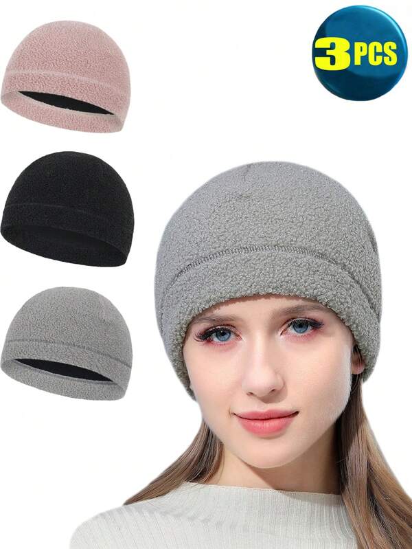 3 piezas Gorros tipo gorro para hombres, mujeres, gorra de punto de felpa suave con forro de invierno, sombreros de gorgote tipo puño unisex para esquiar, ciclismo, otoño/invierno