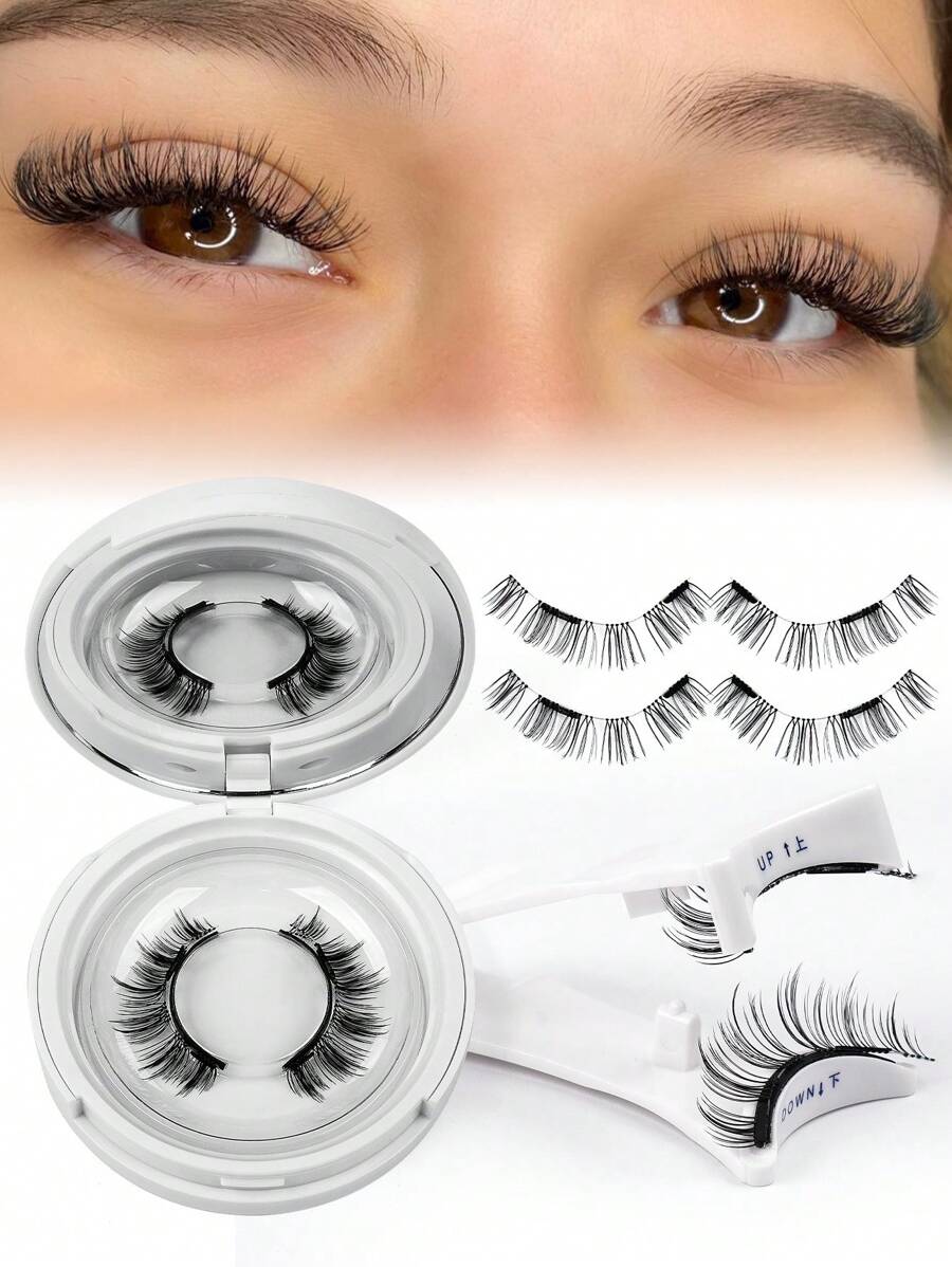 1 Pair C Curl Magnetic False Eyelashes Kit With Mirror & Applicator Glue-Free Eyelashes 3D Natural Manga Eyelashes Cat Eye Fluffy Faux Mink Eye Lashes With Tweezers Makeup Tool - 黑色 - 查看 1