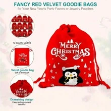 4 件圣诞天鹅绒抽绳礼品袋 - 卡通图案帆布袋，适合派对礼物、婚礼、生日、周年纪念日 - 圣诞节、万圣节、感恩节、一般庆祝活动 - 彩色 - 查看 5