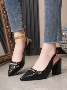 Glossy Square Toe Chunky Heel Sandals, Women's Closed Toe Commuting High Heels