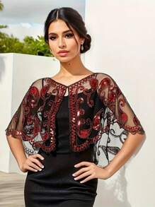 Khăn choàng thêu sequin thập niên 1920 cổ điển mỏng thoáng khí lưới bóng ngắn áo choàng ngoài phong cách thanh lịch cho phụ nữ dự tiệc - đỏ thẫm đen - Xem 7