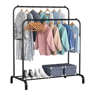 MIKOMIKA Perchero estanteria para Ropa Resistente con Ruedas, Perchero Portátil De Metal con Doble Riel Y Estante De Almacenamiento De 2 Capas, Percha Independiente para Dormitorio, Sostiene 40 Kg Estanteria