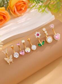 Set 8 buah Cincin Pusar Stainless Steel Klasik Emas Berbentuk Hati dan Kupu-kupu, Bertatahkan Batu Zirkonia Berkilau, Gaya Y2K untuk Pemakaian Sehari-hari - Yellow Gold - View 1