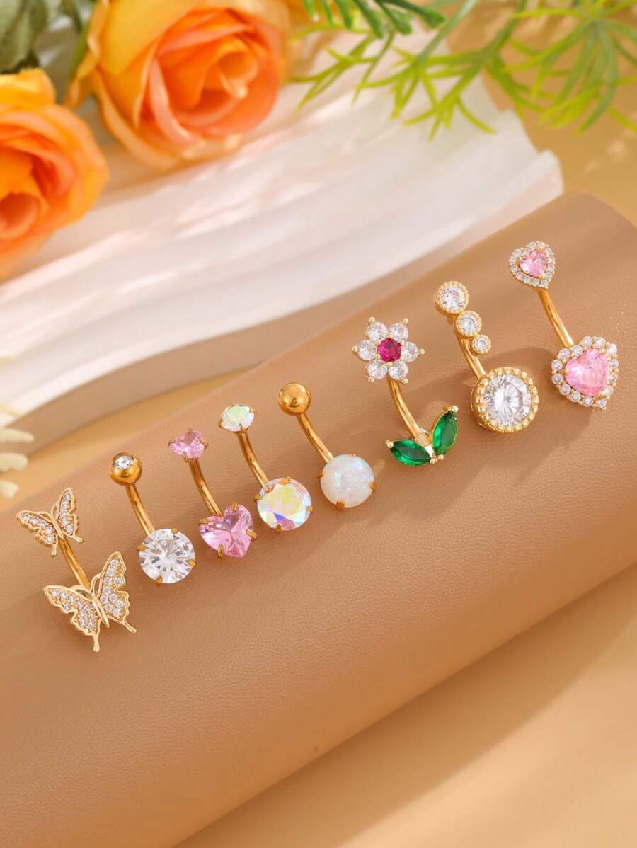 Set 8 buah Cincin Pusar Stainless Steel Klasik Emas Berbentuk Hati dan Kupu-kupu, Bertatahkan Batu Zirkonia Berkilau, Gaya Y2K untuk Pemakaian Sehari-hari - Yellow Gold - View 1