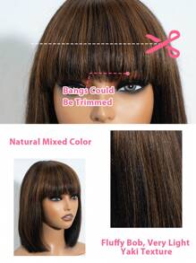 真人发直发鲍勃假发，透气刘海 - 150% 密度，雷米真人发无胶假发，无蕾丝，高光颜色，适合所有女性