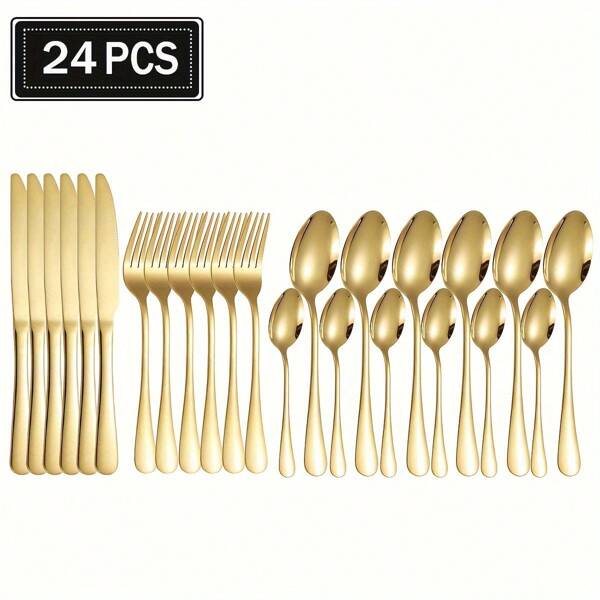 Tableware 24Pcs, Golden Silvery Tableware Set, Festival Decor, Including Knives, Forks, Spoons, Tea Spoons, Tea Forks, Mirror Polished, Dishwasher Friendly Cleaning. Father's Day, Easter, Mother's Day, Festival, School Supplies