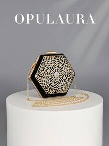 OpulAura 1件装复古不规则迷你丝绒手拿包，独特设计女士派对钱包，优雅钻石装饰晚宴包，适合婚礼、派对、舞会、宴会等场合。 - 黑色 - 查看 1