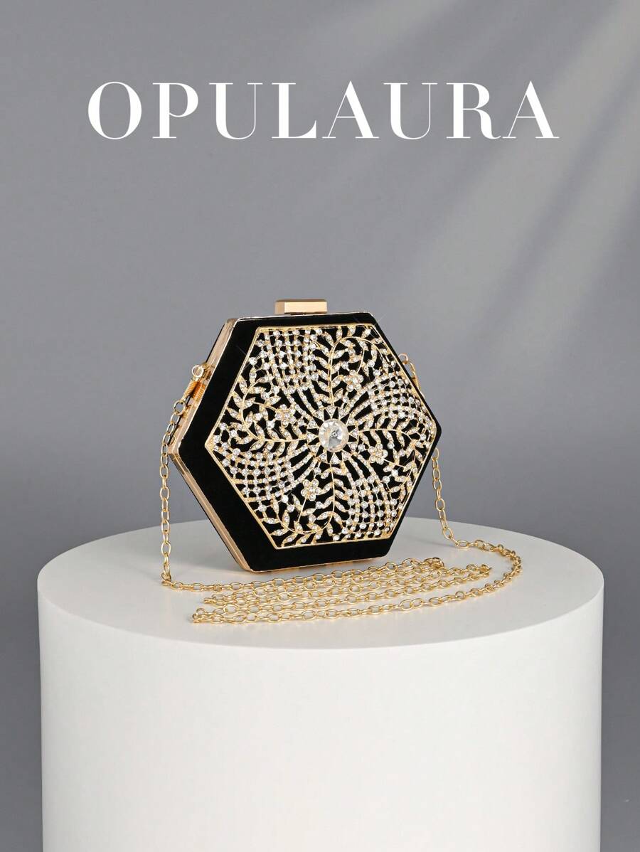 OpulAura 1件装复古不规则迷你丝绒手拿包，独特设计女士派对钱包，优雅钻石装饰晚宴包，适合婚礼、派对、舞会、宴会等场合。 - 黑色 - 查看 1