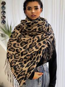 1pc Women Winter Long Leopard Scarves, Warm Soft Blanket Scarf For Evening Dresses Party ,Travel Office Beach Cover Up Sarong Fall Wedding And Gift Cashmere Feel Large Over Size Color Pattern Tassel Shawls And Wraps