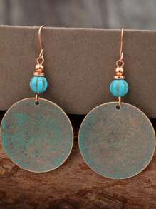 1 Pair Vintage Beaded Turquoise Round Alloy Earrings - Ancient Green - View 6