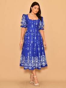 Printed Cotton Tricot Midi Dress With Short Sleeves - 寶藍色 - 查看 2