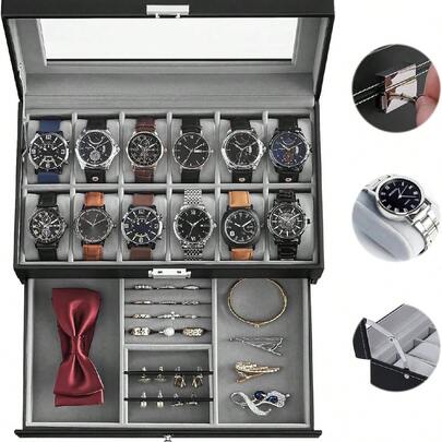Reloj Caja Organizador - Estuche Alhajero con 12 Compartimentos y 1 Cajón para Joyería y Relojes, Caja Reloj de Piel PU, Relojero con Tapa Cristal y Forro Terciopelo,Regalo para Hombre y Mujer (Negro)