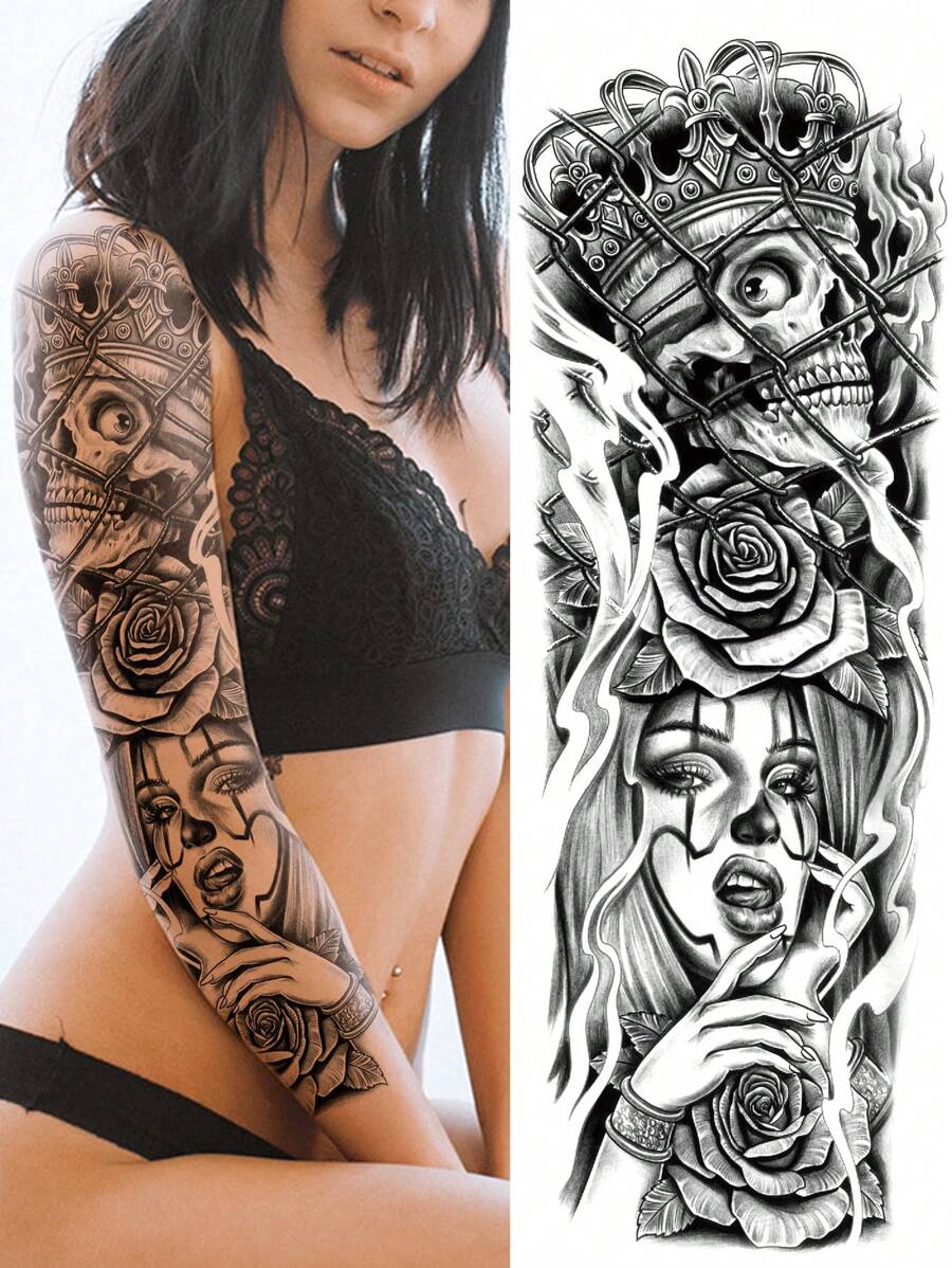 1 arkusze bardzo duże, pełne ramię, tymczasowe naklejki tatuażowe na ciało dla mężczyzn i kobiet, czarny 3d czaszka korona klaun dziewczyna uliczny styl wzór, wodoodporne fałszywe tatuaże rękawy, trwa 2-5 dni, zakrywające blizny, można stosować na ramionach nadgarstkach ramionach nogach talii szyi dłoni klatce piersiowej udach palcach, najlepszy przyjaciel para impreza tatuaż
